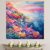 Watercolor Painting of Vibrant Coral Reef with Colorful Underwater Plants and Ocean Sunset in Pink Blue and Golden Tones on Ready to Hang 1.5" Thick Canvas Wrap, Floating Framed Canvas, Flat Rolled Canvas
